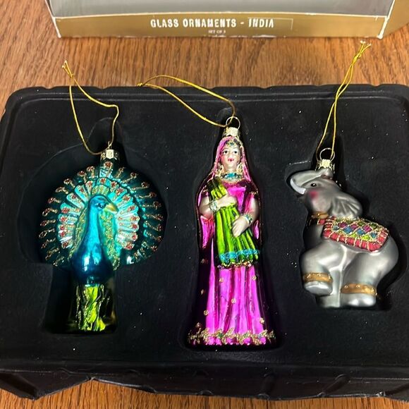 World Market India Christmas Glass Ornaments Set of 3 Peacock, Sari, Elephant - Picture 1 of 9